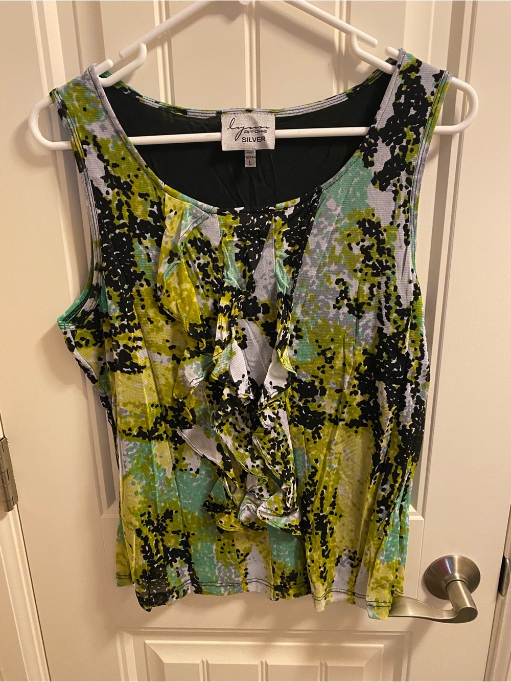 Lynn Ritchie Silver L Top Floral Stretch Sleeveless Blouse Large Shirt Lg Lined